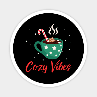 Cozy Vibes Hot Chocolate Mug with Marshmallows on Snowy Black Magnet